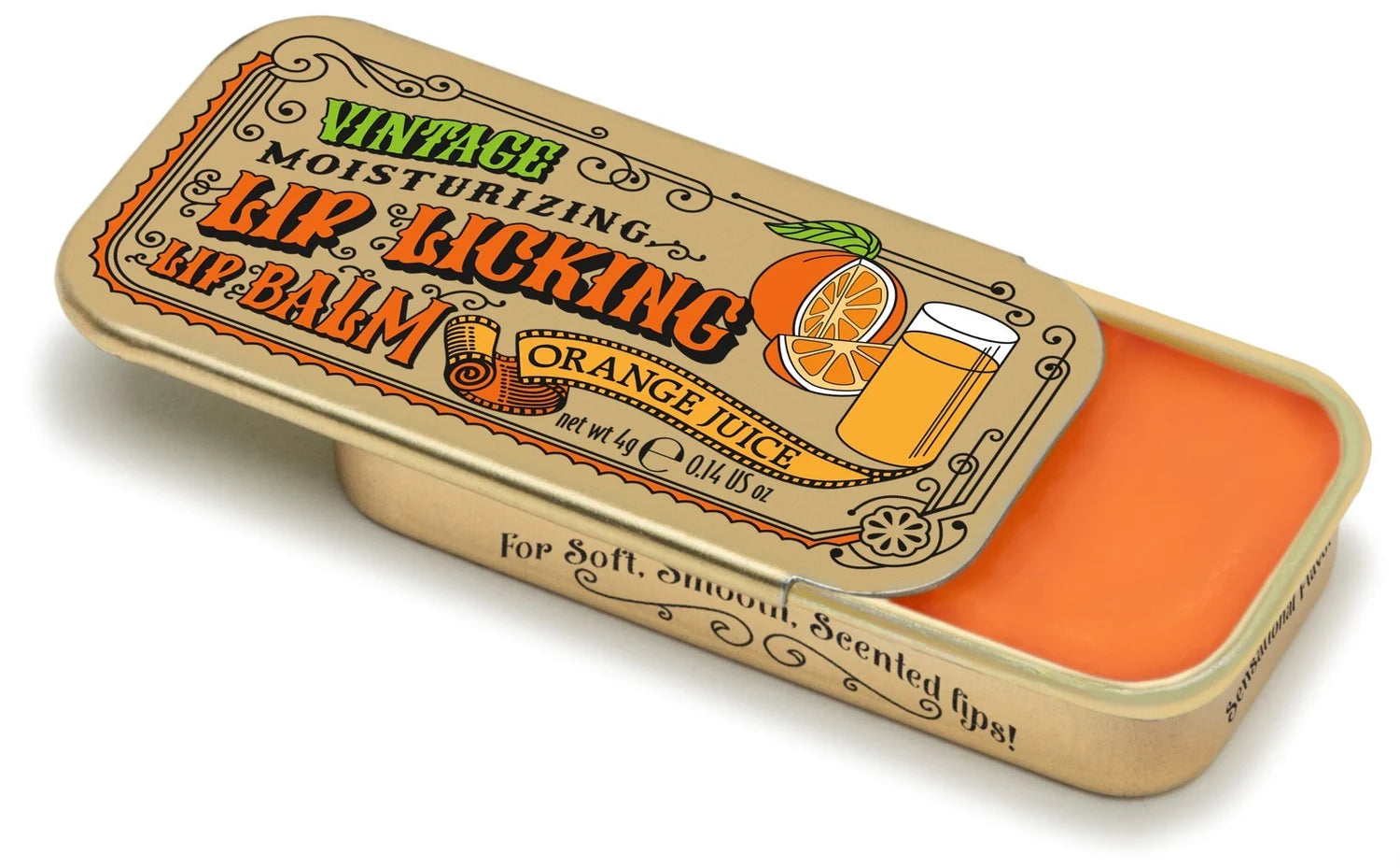 Lip Licking orange juice flavored organic natural lip balm in vintage slider tin packaging