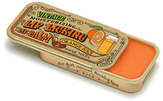 Lip Licking orange juice flavored organic natural lip balm in vintage slider tin packaging