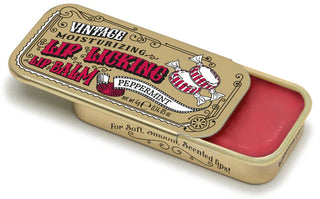 Lip Licking peppermint flavored organic natural lip balm in vintage slider tin packaging