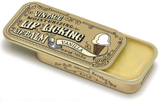 Lip Licking vanilla flavored organic natural lip balm in vintage slider tin packaging