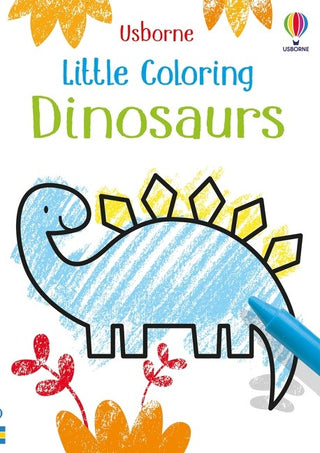 Coloring book cover for 'Little Coloring Dinosaurs' by Usborne with a dinosaur illustration and coloring pen.