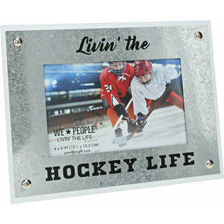Livin' The Hockey Life 4x6 picture frame with galvanized metal-look finish for displaying hockey player and team photos.