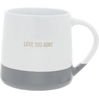 "Love You Aunt" 17 oz coffee mug with raised metallic gold lettering, white matte top and charcoal-gray glossy base
