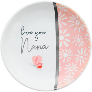 "Love You Nana" stoneware trinket dish with pink watercolor floral and butterfly design by Pavilion — a sweet jewelry and keepsake dish gift for grandma
