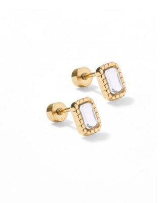 Madison Gold Rectangular Screwback Stud Earrings with sparkling clear crystal center, textured gold frame, and hypoallergenic surgical stainless steel construction.