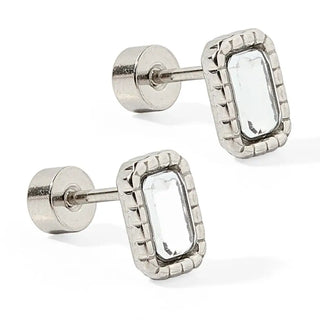Madison Silver Rectangular Screwback Stud Earrings featuring a sparkling rectangular cubic zirconia in a polished silver stainless steel frame with flat-back posts.