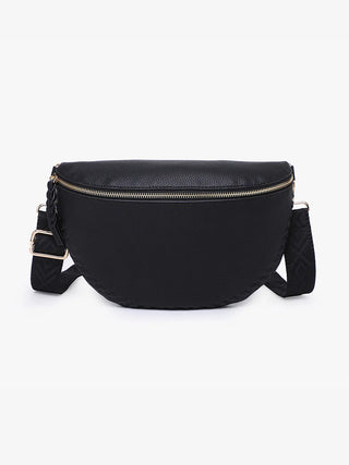 Janae Whipstitch Crossbody Sling Bag in black — women's vegan leather crossbody with braided zipper pull and back zip pocket