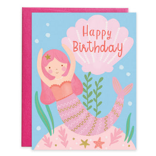 Mermaid Birthday Greeting Card by Gina B Designs — a gold foil embellished A2 birthday card with original mermaid artwork, includes envelope, proudly made in the USA
