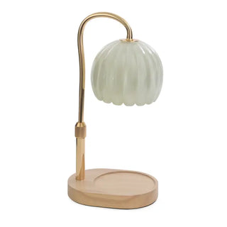 Milk Glass Candle Warmer Lamp by Candle Warmers Etc. — a vintage-style flameless candle warmer with a fluted milk glass shade, adjustable golden stem, and natural wood base
