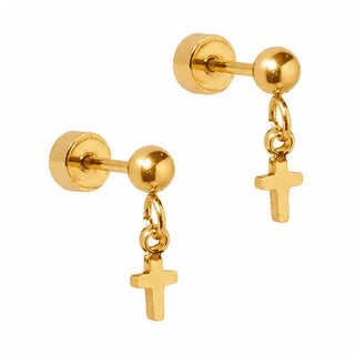 Millie Gold Screwback Stud Earrings with dangling cross charm in waterproof hypoallergenic gold-toned stainless steel with flat-back screw closure.