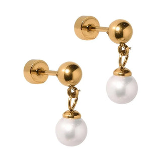 Millie Pearl Gold Screwback Stud Earrings featuring polished gold ball studs with elegant dangling white pearls and waterproof flat-back stainless steel construction.