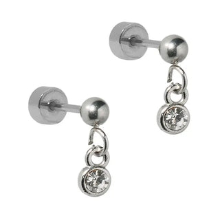 Millie Sparkle CZ Silver Screwback Stud Earrings featuring a polished silver ball stud with a petite dangling cubic zirconia and secure flat-back screwback closure.