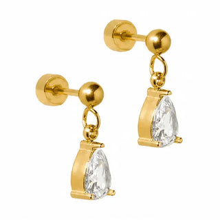 Millie Teardrop CZ Gold Screwback Stud Earrings featuring a sparkling pear-shaped cubic zirconia dangle on a gold-tone stainless steel flat-back screwback stud.