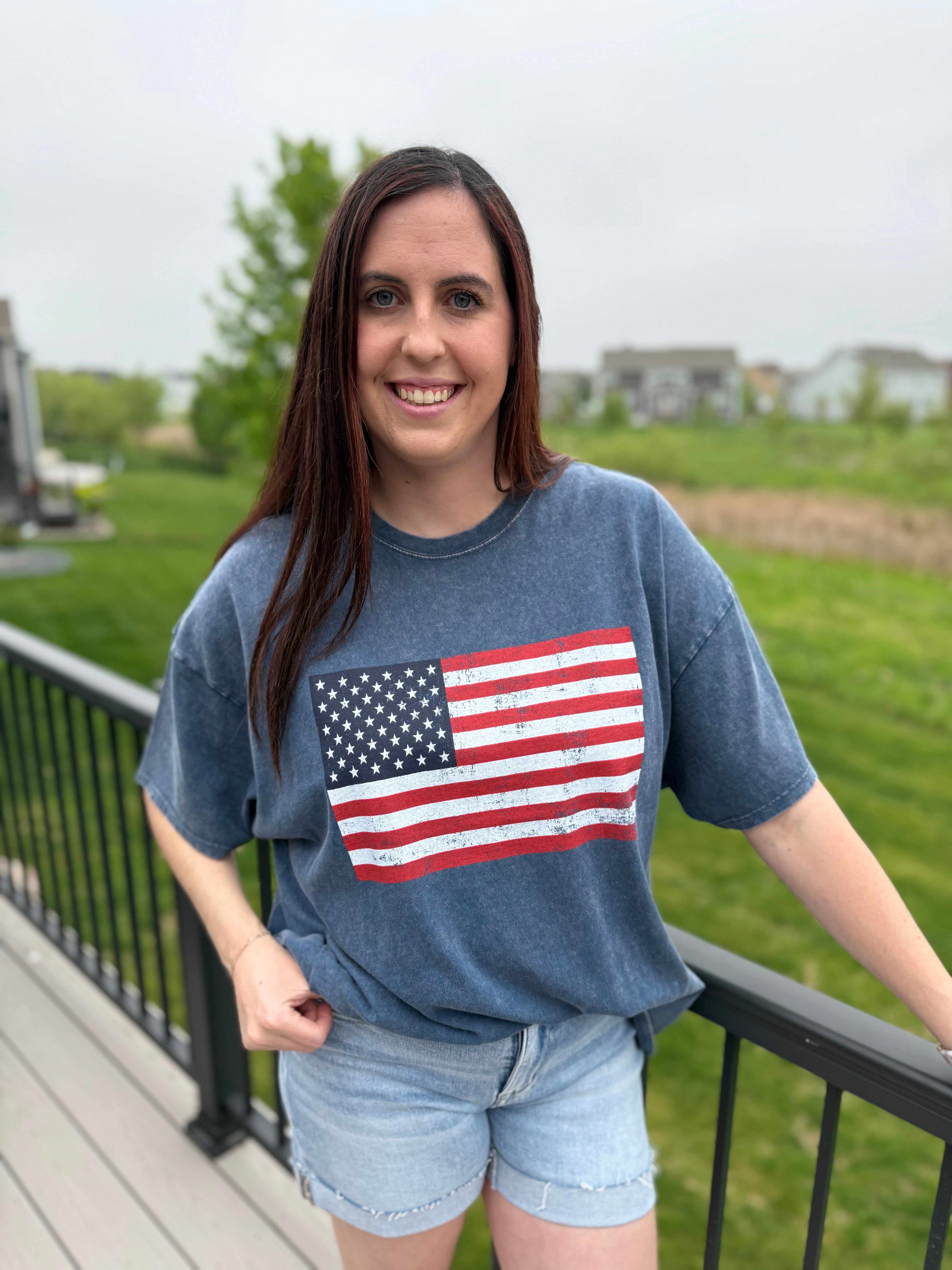 oversized mineral washed patriotic graphic tee with American flag design