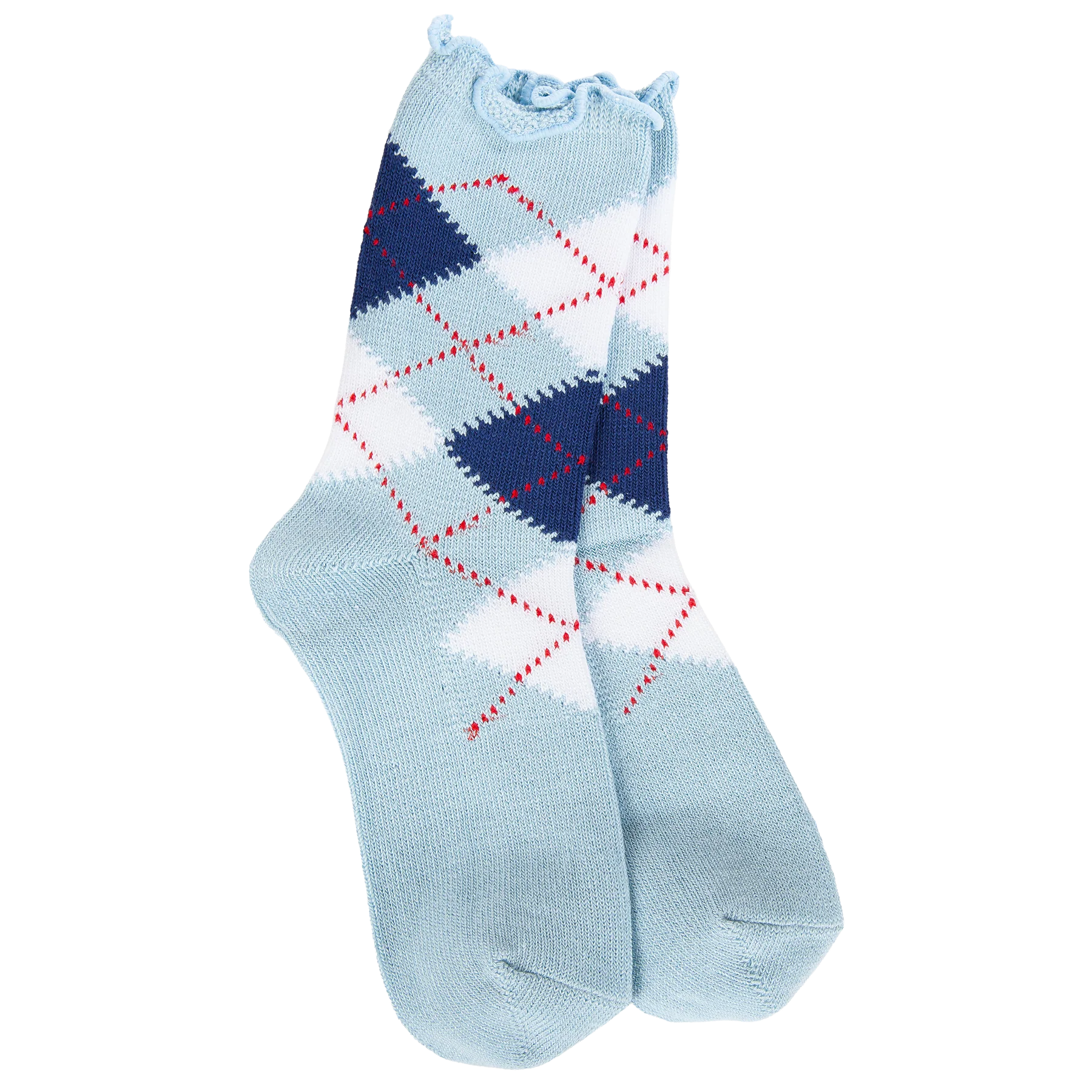 Women's light blue mini argyle socks featuring navy and white diamonds, red accents, and a delicate ruffled cuff.