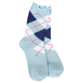 Women's light blue mini argyle socks featuring navy and white diamonds, red accents, and a delicate ruffled cuff.
