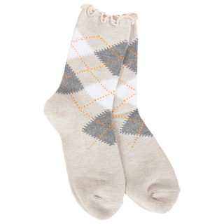 Women's oatmeal mini argyle socks featuring gray and white diamonds, golden accent lines, and a delicate ruffled cuff.