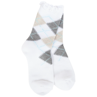 Women's white mini argyle socks with gray and cream diamond pattern, light blue accents, and a delicate ruffled cuff.