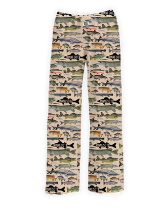 MN Fish Lounge Pants by BRIEF INSANITY — ultra-soft Minnesota fish print lounge pants with elastic waistband and adjustable drawstrings, available in Small through 2XL
