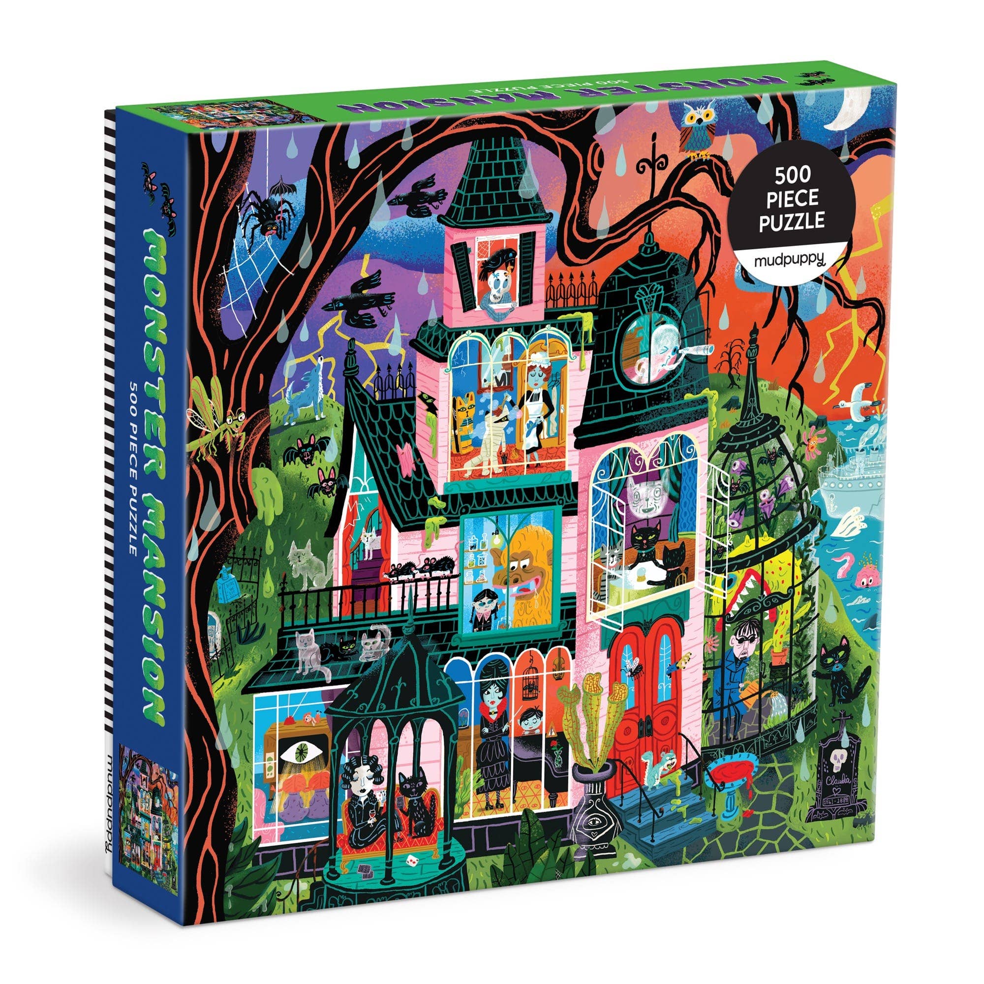 Monster Mansion 500-piece family puzzle by Chronicle Books — a spooky-fun haunted house illustration puzzle, 20x20 inches, for ages 8 and up
