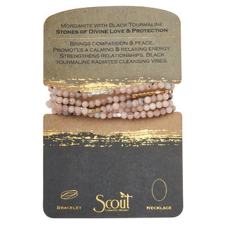 Morganite and black tourmaline wrap bracelet necklace with pink gemstone beads