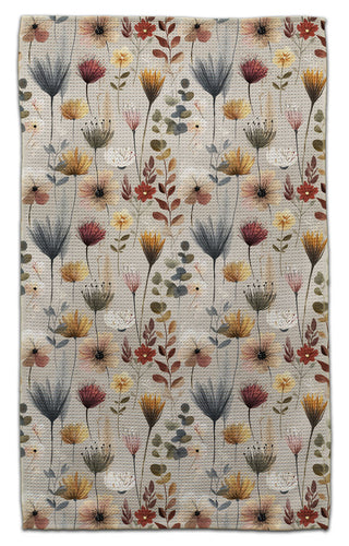 Muted Boho Puffy Flowers eco-friendly waffle weave kitchen towel featuring soft watercolor florals in earth tones
