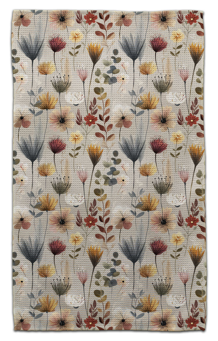 Muted Boho Puffy Flowers eco-friendly waffle weave kitchen towel featuring soft watercolor florals in earth tones