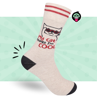 Funny white crew socks featuring a cartoon cat wearing sunglasses and the phrase "My Cat Thinks I'm Cool."