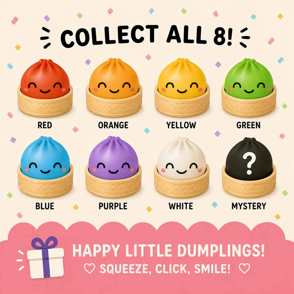 Set of colorful 'Happy Little Dumplings' with labels for each color on a beige background.