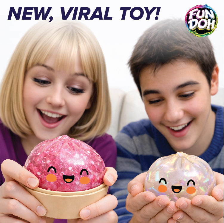 Two children holding colorful dumplings with a 'Fun Doh' logo above them.