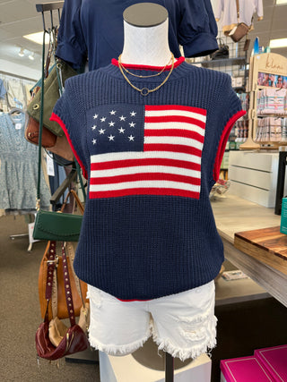 Mannequin wearing a navy sweater with an American flag design in a store setting.