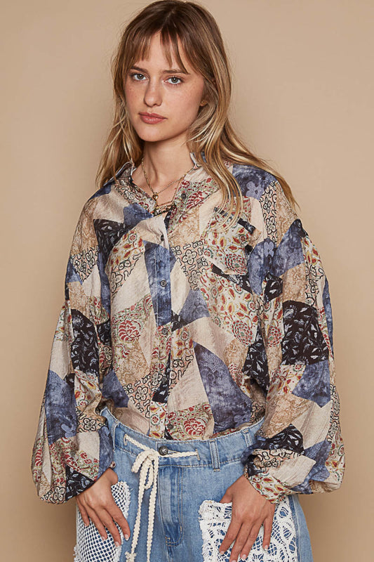 Multi Patterned Oversized Button Down Top