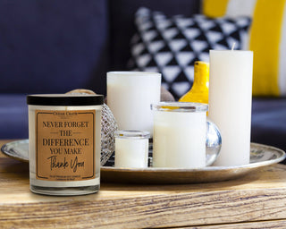 Never Forget The Difference You Make soy candle in Caribbean Retreat scent with thank you message on glass jar