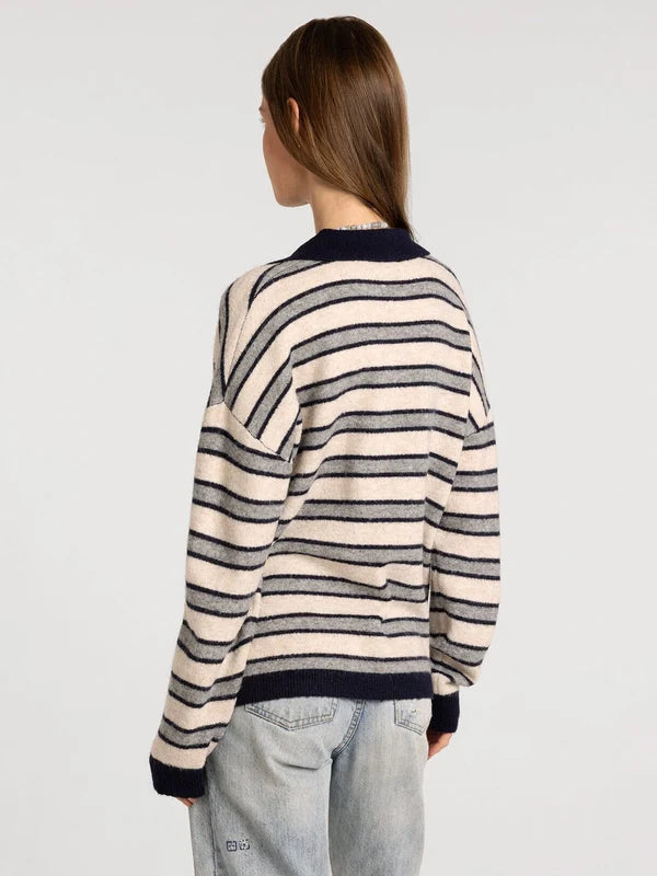 Nina Sweater in oatmeal grey stripe — women's collared V-neck knit sweater, back view