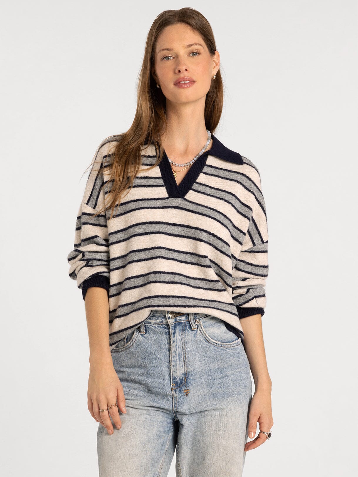 Nina Sweater in oatmeal grey stripe — women's collared V-neck knit sweater, front view
