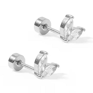 Nova Silver Screwback Stud Earrings featuring marquise-cut cubic zirconia stones in a leaf-inspired design with a secure flat-back screwback closure.