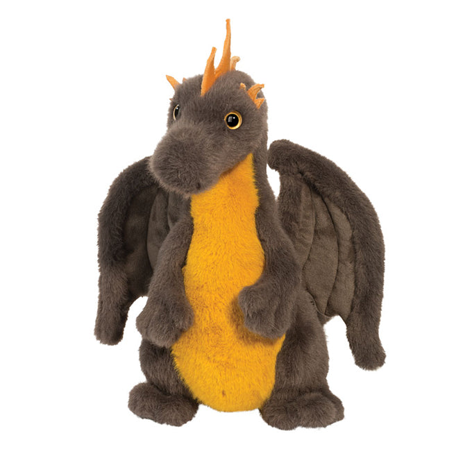 Onyx the Dragon plush toy by Douglas with gray body, yellow belly, and soft wings