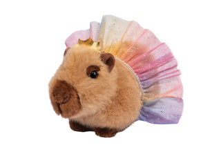 Douglas capybara plush stuffed animal wearing pastel rainbow tutu and gold crown