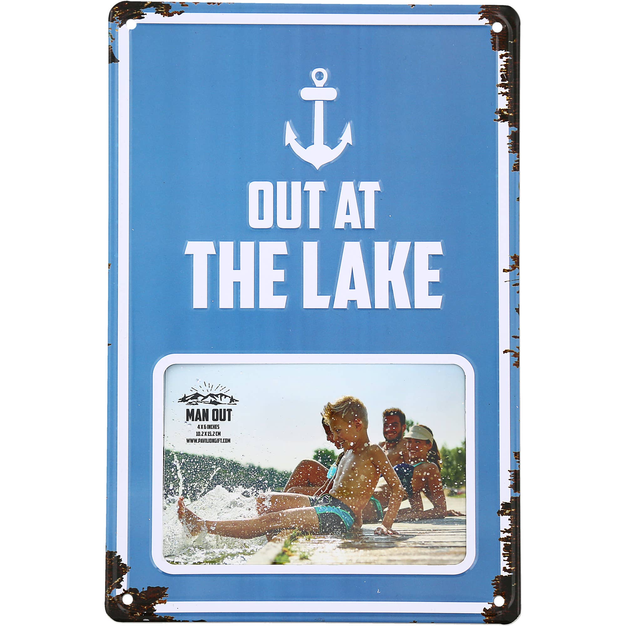 Rustic Out at the Lake 6x4 metal picture frame with embossed anchor design for lake house and cabin décor.