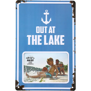 Rustic Out at the Lake 6x4 metal picture frame with embossed anchor design for lake house and cabin décor.