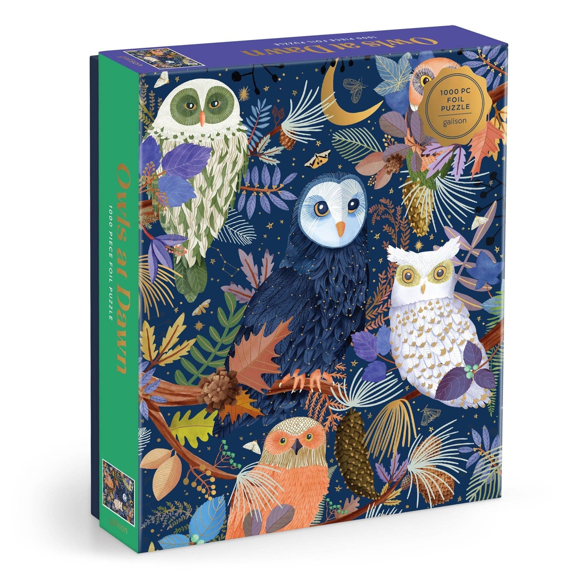 Galison Owls at Dawn 1000-piece foil puzzle featuring four colorful owls perched in a woodland night scene with shimmering gold foil accents by artist Mara Penny.
