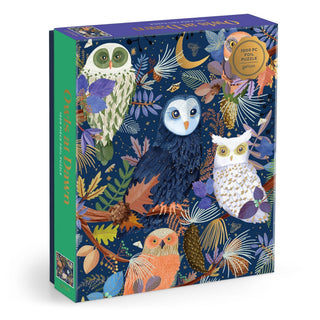 Galison Owls at Dawn 1000-piece foil puzzle featuring four colorful owls perched in a woodland night scene with shimmering gold foil accents by artist Mara Penny.