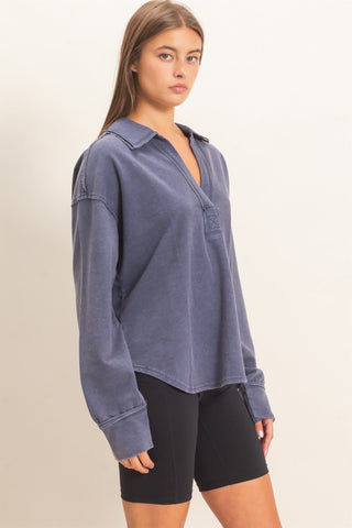 Women's Mineral Wash Polo Collar Pullover Top