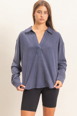 Women's Mineral Wash Polo Collar Pullover Top