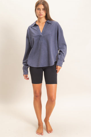 Women's Mineral Wash Polo Collar Pullover Top
