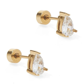 Paige Gold Pear Screwback Stud Earrings featuring 6mm pear-shaped cubic zirconia stones in a gold-tone three-prong setting with hypoallergenic surgical stainless steel backs.