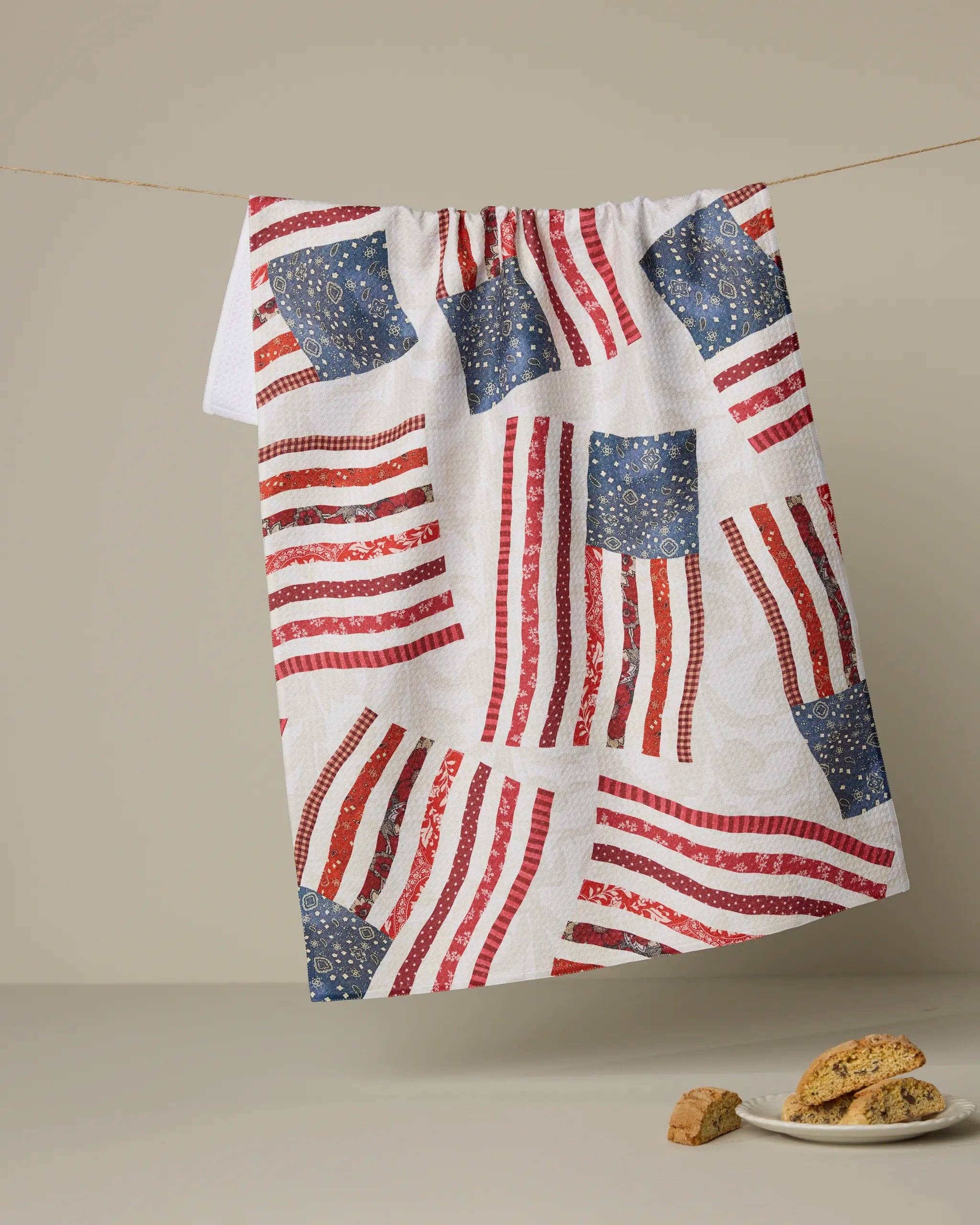 Patchwork Pride tea towel by Geometry, patriotic American flag kitchen towel