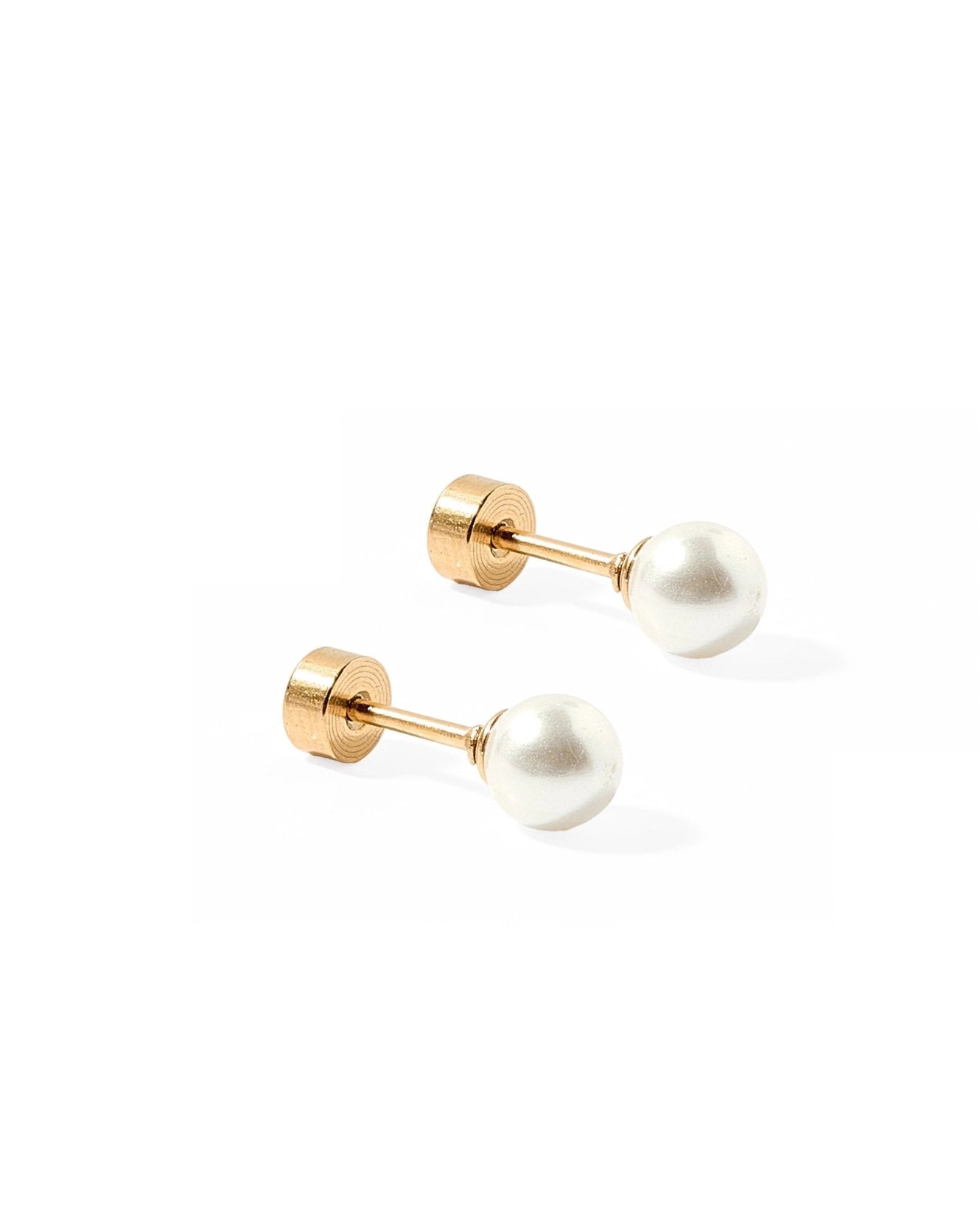 Payton White Pearl Screwback Stud Earrings featuring classic 5mm white pearls with waterproof hypoallergenic surgical stainless steel screwback posts.