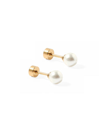Payton White Pearl Screwback Stud Earrings featuring classic 5mm white pearls with waterproof hypoallergenic surgical stainless steel screwback posts.