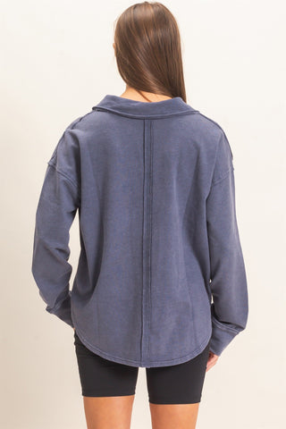 Women's Mineral Wash Polo Collar Pullover Top